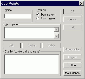 Диалоговое окно для добавления Cue points в звуковом редакторе GoldWave